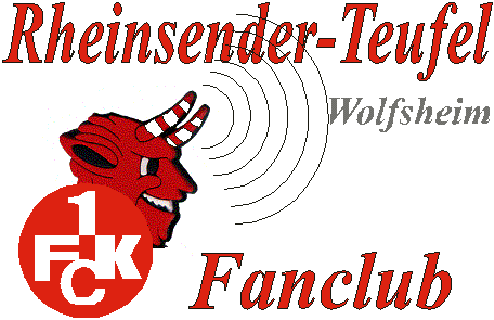 Das Vereinslogo: ein roter Teufel, von dessen Hörnern Funkwellen (des in Wolfsheim ehemals ansässigen Rheinsenders) ausgehen, links davor das Logo des 1. FCK Kaiserslautern
